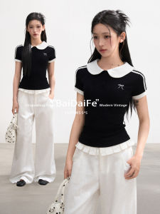 BAIDAIFEI | Slim Summer Short Sleeve Blouse with Faux Polo and Peter Pan Collar