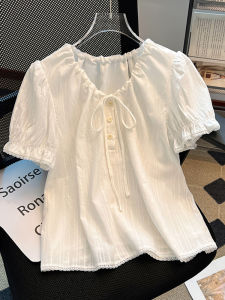 Áo Thun Nữ Tay Bồng Cổ Chữ V Thắt Nơ Họa Tiết Hoa Mùa Hè Mới Về Chất Liệu Polyester Dáng Rộng Thường Ngày