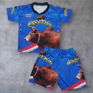 ชุดแขนสั้นเด็ก ผ้าไมโครไฟเบอร์ ไซส์ S กับ M ลายวัวชน S 1-2 ปี 12กิโล M 2-4 ปี 12-17กิโล