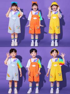 ชุดการแสดงเด็กนักเรียนประถมศึกษาชุดกระโปรงยีนส์ลายริบบิ้นสีรุ้ง ชุดการแสดงเด็กอนุบาล ชุดการแสดงนักเรียนประถมศึกษา