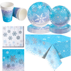 Snowflake Frozen Disposable Tableware Set Paper Plate Cup Napkin Banner Tablecloth Wonderland Snow Theme Birthday Party Decor