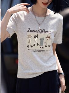 DVDK | Summer New Korean Style Cute Cat Print Round Neck Short Sleeve Straight Shoulder T-shirt