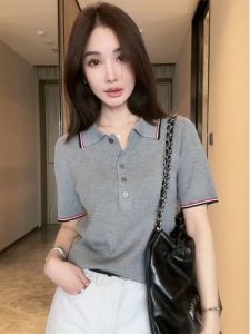 Áo Thun Cổ Polo Dệt Kim Thời Trang Giảm Tuổi Cho Nữ Mùa Xuân Hè Phong Cách Tối Giản Thường Ngày Thon Gọn Vai Áo Thun