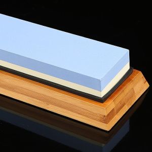 Dual-sided White and Blue Sharpening Stone with Bamboo Base Set