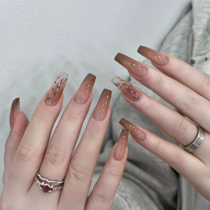 Short Medium fake nails for women girls gradient brown flowers leaf design full cover square ballet tips acrylic press on nails