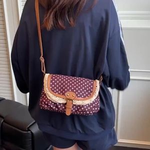 Lace Trim Polka Dot Crossbody Bag for Women Square Shoulder Purse with Adjustable Strap for Daily Work Commute Travel