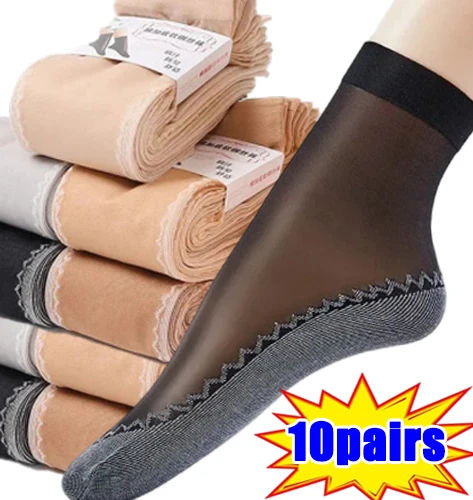 10 Pairs Women Summer Silk Socks — Anti-Slip Cotton Sole Sheer Ankle Socks — High Elastic Nylon Socks