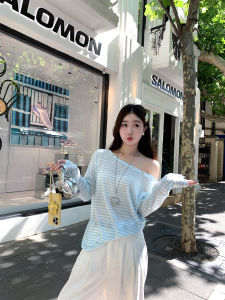 Blue Striped One-Shoulder Womens T-shirt Summer 2025 Unique Beautiful Sunshade Casual Loose Fit Long Sleeve Sweat-Wicking