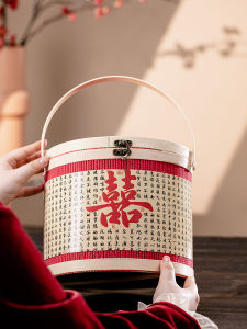 Wedding Gift Box Bamboo Basket Engagement Mooncake Return Gift Box Empty Box Resin Material Red round Bamboo Woven Bucket