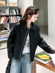Black Leather Jacket Short Outerwear Sweet Cool Style Womens Fashion Autumn 2025 New Street Motorcycle PU Leather Coat