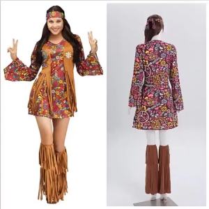 Bộ Trang Phục Hippie Cổ Điển Có Tua Rua Dành Cho Nữ Bộ Váy In Họa Tiết Tay Loe 4 Món Kèm Mũ Đội Đầu Cho Bữa Tiệc Lễ Hội Âm Nhạc Halloween Carnival