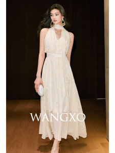 WANGXO | Illusion Mesh 3D Beaded Embroidery Sleeveless Neck-Tie Waist-Cinched A-Line Dress