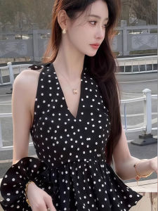 chaqi | Pure Desire Black Polka Dot Sleeveless Vest Womens Summer Outerwear Design Sense Waist Cinch Backless Small Shirt Top