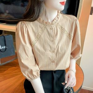 เสื้อเชิ้ตแขนยาวผ้าฝ้ายลินินแฟชั่นฤดูร้อน เสื้อเชิ้ตแขนสั้นผู้หญิง ทรงหลวม สไตล์เกาหลี แขนยาวปานกลาง เสื้อเชิ้ตคอตตอนผสมลินิน