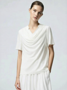 AMII | V-neck with Swing Design Draped Contrast Fabric Patchwork Chiffon Shirt Short Sleeve