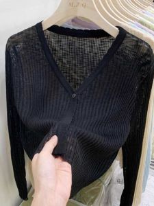 Mùa Hè Nón Kết Nam Nữ Chống Nắng Nữ Dài Tay Ice Silk Cardigan Đen Cột Dây Áo Khoác Ngắn Đi Lại