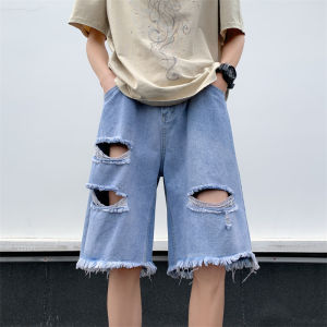 กางเกงขาสั้นผ้ายีนส์ขาตรงเอวสูงปานกลางสําหรับผู้ชายสไตล์หลวม Burrs แฟชั่นฤดูร้อนอินเทรนด์สวมใส่สบายๆทุกวัน