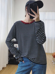 เสื้อสเวตเตอร์ถักผ้าขนสัตว์แขนยาวสำหรับผู้หญิง คอลเลกชั่นฤดูใบไม้ร่วง 2025 เสื้อชั้นในคอตั้งลายทางสีบล็อก