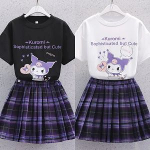 2pcs Terno Pleated Skirt for Kids Girl Jk Uniform Kuromi Sweet Girl T-shirt and JK Dress 5-16 Years Old Fashion Short Sleeve Pleated Skirt Summer Clothing New Girl College Style