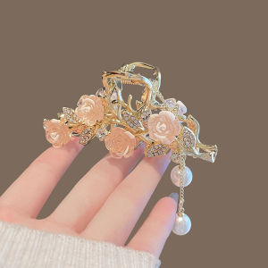 Elegant Large Size Hair Claw Clip Womens Shark Bite Style Floral Hair Accessories Stylish Alloy Gemstone Embedded Hairpins