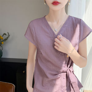 YUEXINYIRONG | French Style V-neck Irregular Waist Tied Blouse