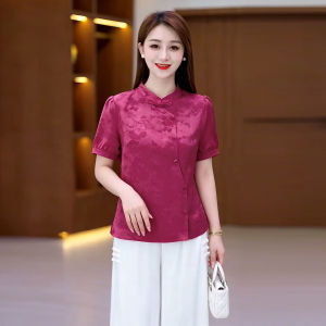 YOUFAN | Mandarin Collar New Chinese Style Jacquard Short Sleeve Retro Buttoned Womens Shirt