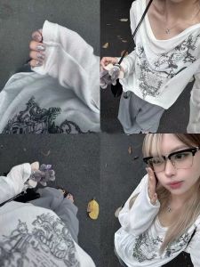 Retro อเมริกัน สีขาว พิมพ์เสื้อยืดแขนยาวบางผู้หญิง ฤดูร้อน คุณภาพสูง หลวม พรางหุ่น Sunshade Cover Up สไตล์เกาหลี