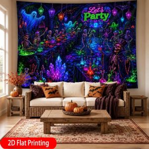 VIKAMA Neon Skeleton Party Halloween Wall Tapestry Purple Green Fluorescent Ghost Pumpkin Potion Crystal Skull UV Blacklight