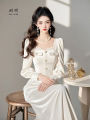 Elegant White Velvet Dress Women's Spring Autumn New Style Commute Korean Version Pure Color Waist Cinched Long Sleeve Midi Skirt. 