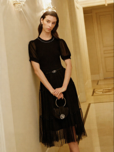 Koradior | French Vintage Waist Cinching Mid-length Bubble Sleeve High Waist Beaded Tulle Dress