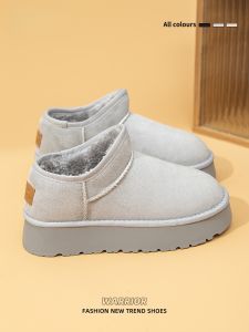 Warrior | Giày bốt đi tuyết mùa đông dày dặn cho nữ màu xám đa năng đế dày mũi tròn lót lông cừu giày cotton ấm áp