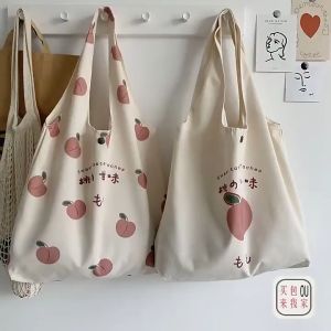 Cute Printed Peach Tote Bag Canvas Bag College Student Women Tuition Shopping Beg Wanita Pelajar Perempuan单肩手提百搭帆布包