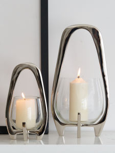 Modern Simple Silver Aluminum Metal Lantern Candlestick Decorative Ornaments Living Room Desktop Entrance Display Pieces