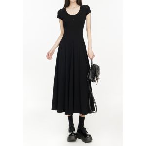 Black Hepburn Style U-Neck Short Sleeve A-Line Dress Womens Summer Korean Version Small Size High Waist Slim Long Dress
