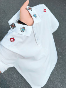 ZHUOCAN | White American Embroidery Summer Heavyweight Polo Shirt Short Sleeve