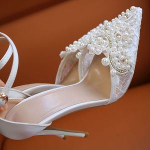 Pearl สีขาว ตาข่าย รองเท้าแตะ สายคล้อง รองเท้าส้นสูงบาง Stiletto 13 ซม.สําหรับเจ้าสาวงานแต่งงานชุดจัดเลี้ยงรองเท้าขนาด ลูกไม้