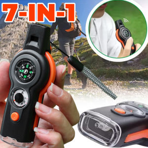 7 in1 Outdoor Survival Whistle Camping Hiking Rescue Emergency Loud Whistle LED Flashlight Compass Magnifier Emergency Tools