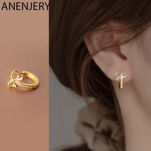ANENJERY Silver Color Zircon Line Hollow Butterfly Bow Hoop Earrings For Women Sweet Simple Temperament Party Jewelry