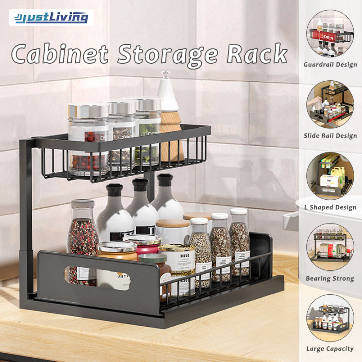 JustLiving 1PC Storage Rack Spice Rack Under Sink Rack Kitchen Organizer  Kitchen Cabinet Shelf Under Sink Storage Organizer Pull Out Drawer Basket 
