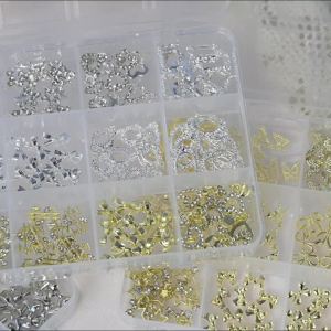 12Grids 3D Alloy Bowknot/Butterfly Nail Art Charms Gold/Silver Metal Ribbon/Bow Jewelry Rhinestone Decor DIY Manicure Accessroie