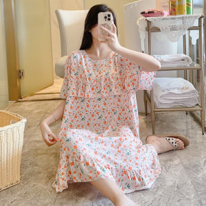 ชุดนอนผ้าไหมคอตตอนไซส์ใหญ่ฤดูร้อน แขนสั้น กระโปรงยาวปานกลาง เสื้อผ้าใส่ในบ้าน แขนกุด ทรงหลวม ระบายอากาศได้ดี