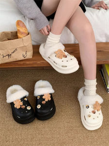 Warm Fun Brown Rabbit Winter Hole Shoes Thick Bottom Outdoor Ladies Cotton Slippers Casual Style Artificial Short Fur Inner