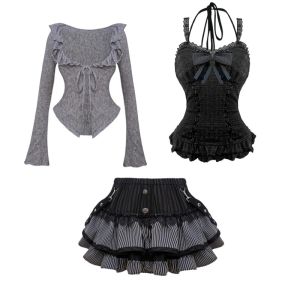 Ms XIDU Autumn Set Black Lace Strap+Gray Knitted Cardigan+Short Cake Skirt Three-piece Long Sleeve Hooded Fashion Set for Women