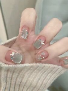 French Cat Eye Butterfly Short Handmade False Nails Diamond Water Light Glass Beads Nail Art Gentle Color Series Custom Gift Box