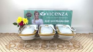 VICENZA wadah saji set isi 3 + rak motif Padi / pemanas makanan / casserole food warmer keramik B-751