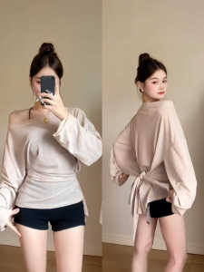 Khaki Pure Desire Shoulder T-Shirt Womens Autumn New Large Size Fat MM Back Strap Thin Cover up T-Shirt Commute Loose Fit Ice Silk Long Sleeve