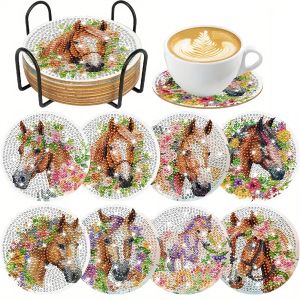 8 pieces/set of horse patterned diamond painted coasters set sparkling rhinestone heat-resistant beverage mat with holder DIY c