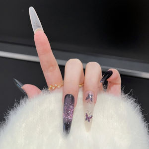 10pcs Purple Butterfly Glass Bead Cat Eye Fake Nails Handmade 3D Design Press on Nails with Glossy Effect for Party Wedding