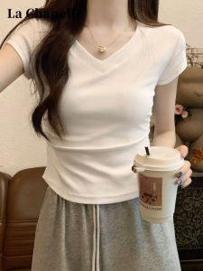 La Chabell White Silm T-Shirt Womens Summer 2024 New Arrival Shoulder Tight Waist Slim Looking V-neck All-Matching Short Sleeve Tops