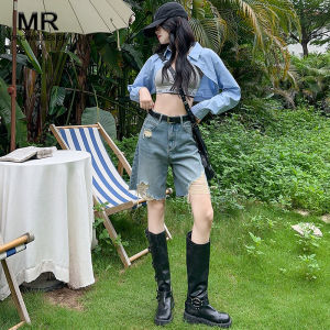 Quần Short Denim Cạp Cao Rách Rưới Mùa Hè Cho Nữ Quần Bó Chữ a Mỏng Ngắn Năm Điểm Quần Jeans Cotton Thường Ngày